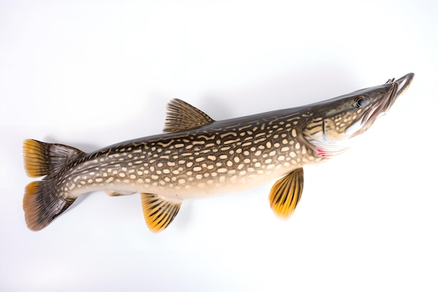 A fish with a white background and a blue and yellow tail