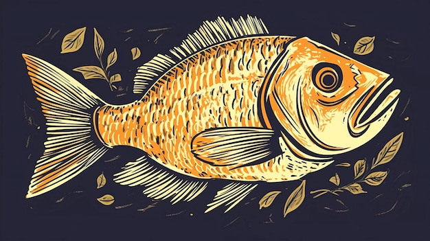 A fish with a yellow background and leaves on the bottom.