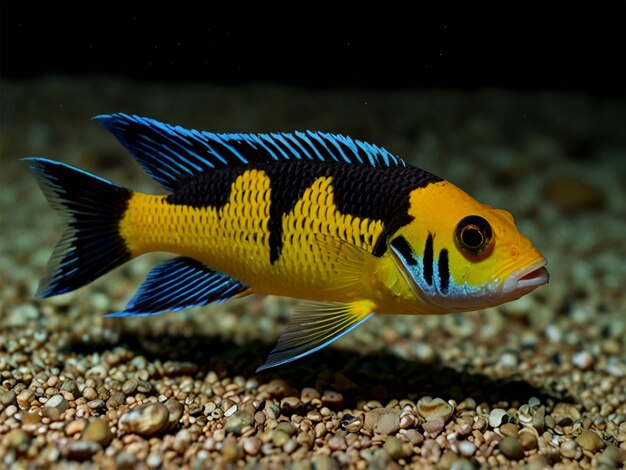 Photo a fish with a yellow and black body is on a gray surface