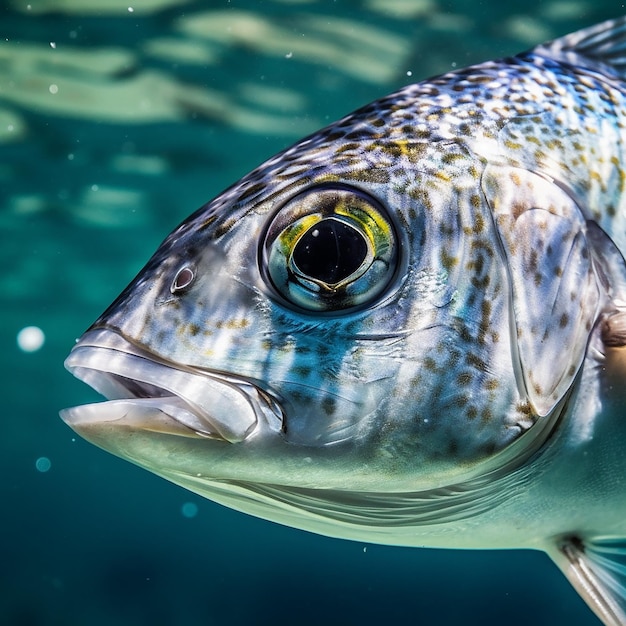 A fish with a yellow eye is swimming in the water.