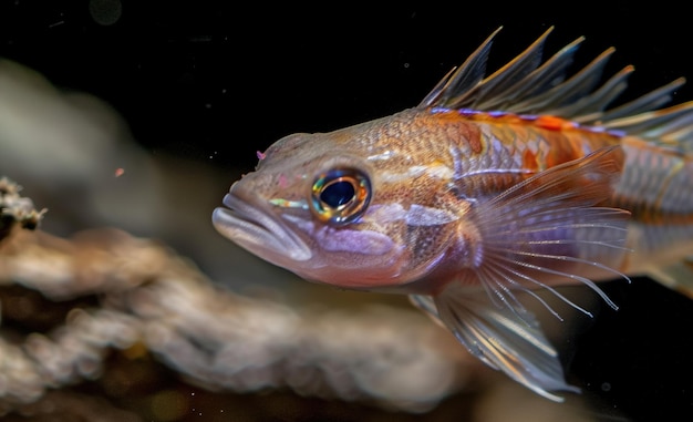 a fish with a yellow eye and a red stripe on its head