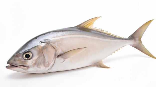 A fish with a yellow fin is on a white background.