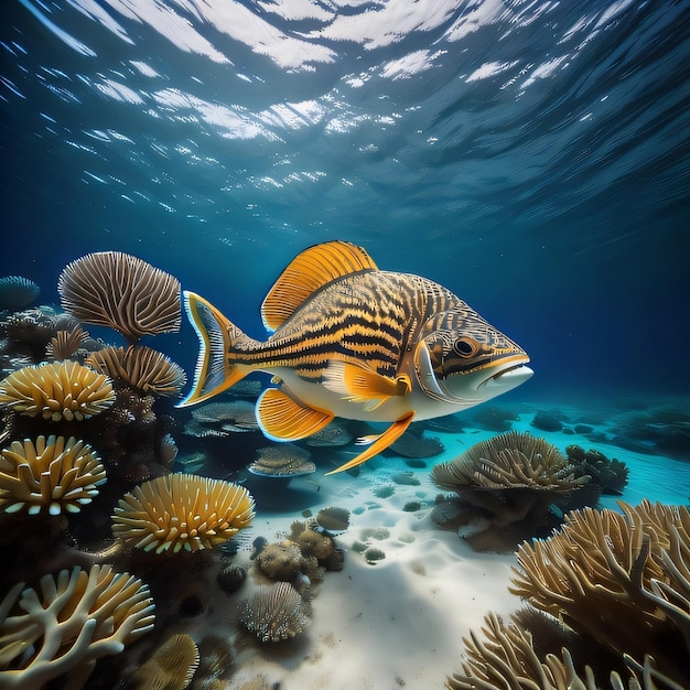 A fish with yellow fins is swimming in a coral reef