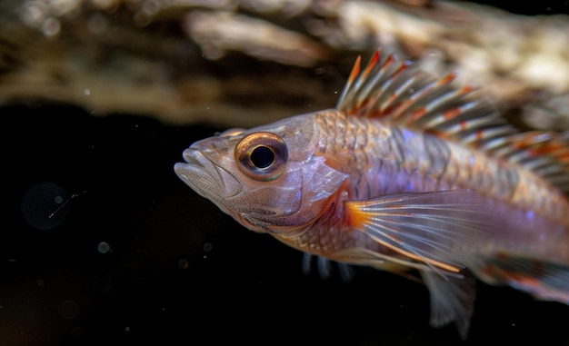 a fish with a yellow stripe is in a tank with a red stripe