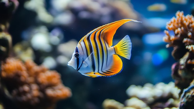 a fish with a yellow and white striped tail sits in an aquarium