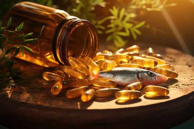 Fish on Wooden Table with Fish Oil Bottle