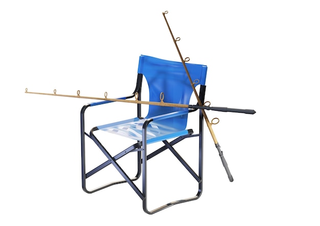 Fisher seat folding chair and fishing pole Isometric camping objects and scenes monochrome yellow camping equipment on green background 3D Rendering hunting and camping