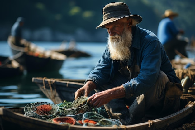 Fisherman on boat engaged in the activity of fishing at sea capturing fish for sustenance