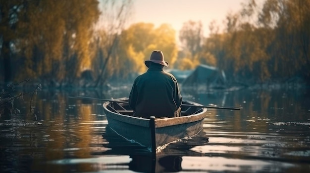 A fisherman in a boat on the river