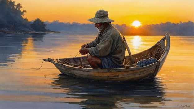 Fisherman on boat at sunset on tranquil river