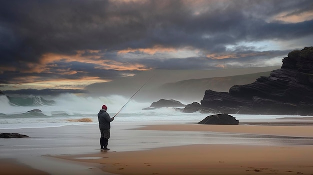 Fisherman catches on the lake Generative AI