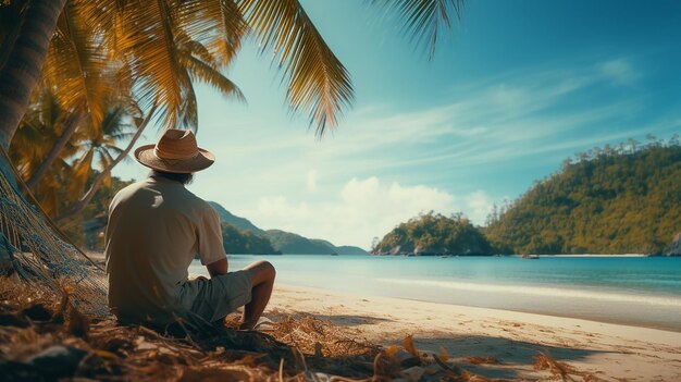 Fisherman fixing his net sitting on a beautiful tropical beach