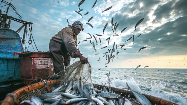 Fisherman Hauling In Net Full of Fish