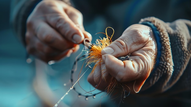 A fisherman holds a fly in his hand The fly is made of feathers and fur and is tied to a hook