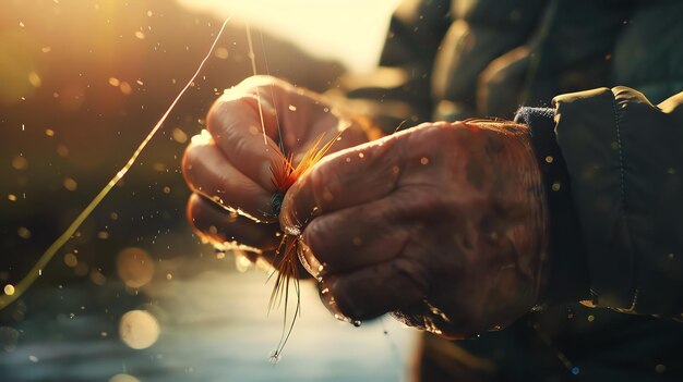 A fisherman holds a fly in his hand The fly is made of feathers and a hook The fisherman is wearing a jacket and has a wet hand