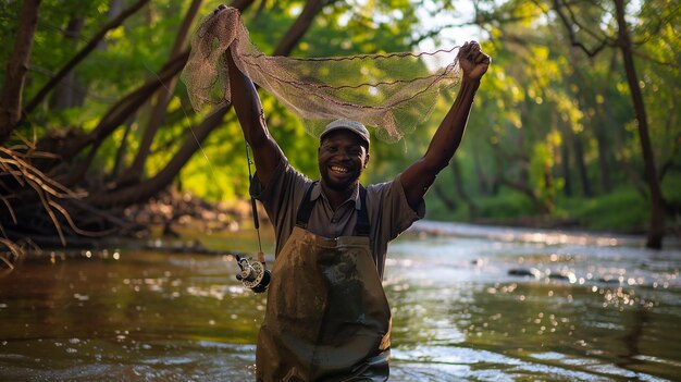 Photo a fisherman is holding a fishing net in the water