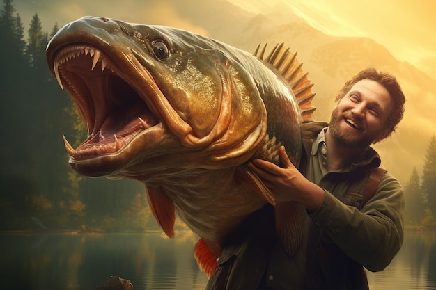 Fisherman joyfully holding a large fish he caught from a large lake