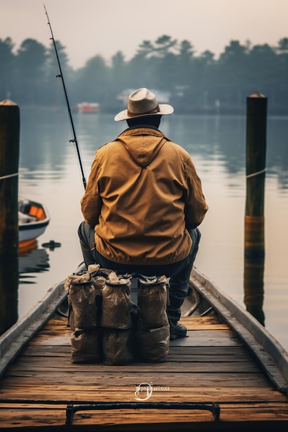 A fisherman looking at water and waiting patiently