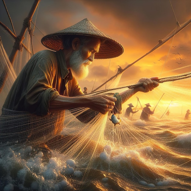 fisherman in the ocean with a fishing rod