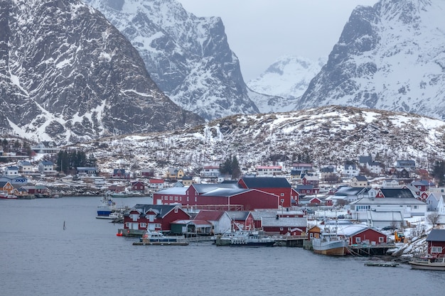 Fisherman's cabins on the Lofoten at dawn in winter