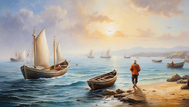 Fisherman ships boat sea landscape oil painting Background