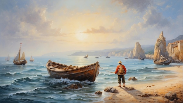 Fisherman ships boat sea landscape oil painting Background