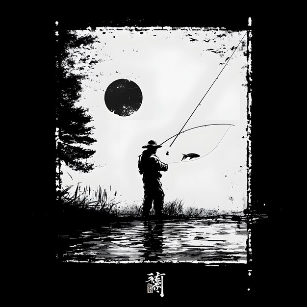 Photo fisherman silhouette with fishing rod black and white illustration