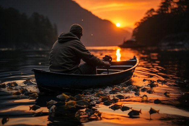 Fisherman on a small boat actively engaged in fishing in the vast expanse of the sea