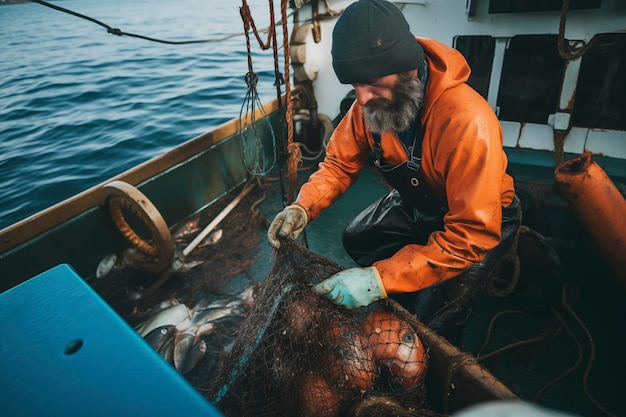 fisherman untangling the nets on his boat during a day of deep sea fishing