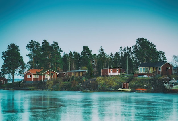 Fisherman village in Sweden at winter after sunset  winter seasonal scandinavian background