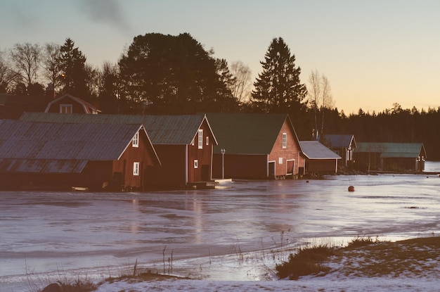 Fisherman village in Sweden at winter after sunset winter seasonal scandinavian background