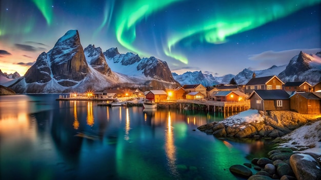 Photo fisherman village with aurora in the background travel concept world explore northern light