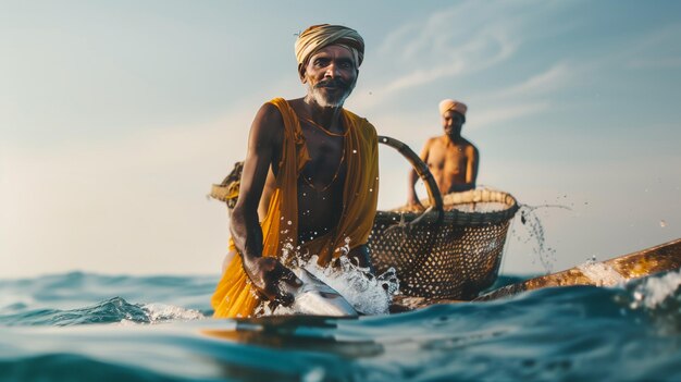 Fisherman with Catch in Ocean