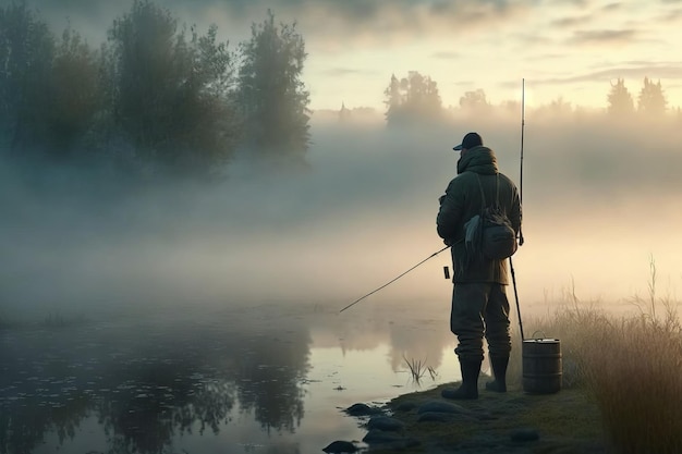 Fisherman with a fishing rod on the background of a misty lake Generative AI