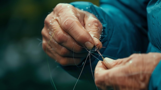 A fishermans hands are shown holding a fishing line with a fly attached to it The hands are wet from the rain and the background is blurred