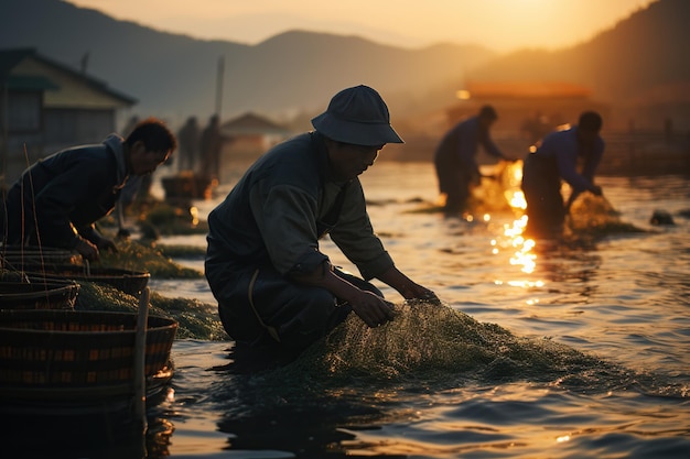 Fishermen pull the fish out of the nets silhouette men are picking fish out of a net ai generative fishing industry sunrise golden hours