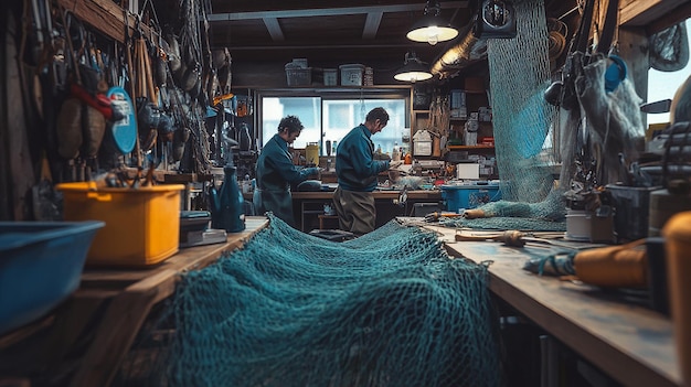 Photo fishermen repairing and maintaining fishing nets