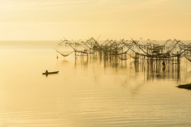 Fishermen thai style fishing trap in Pak Pra Village