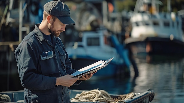 Photo a fishery officer inspecting a fishing boat at a dock wearing a uniform and holding a clipboard with a serene water background