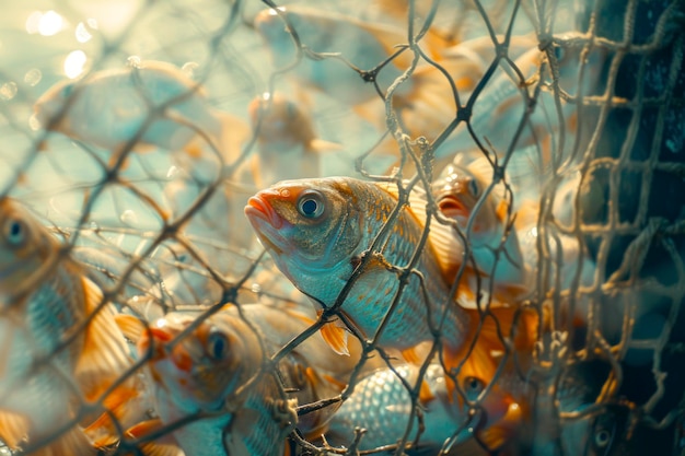 Fishes in the fishing net lots of fish