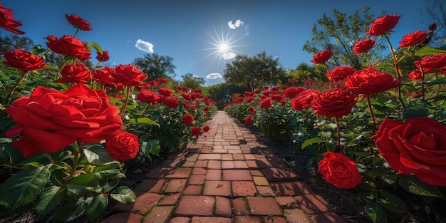 Photo a fisheye lens captures the vibrant red roses blooming in an enchanting rose garden