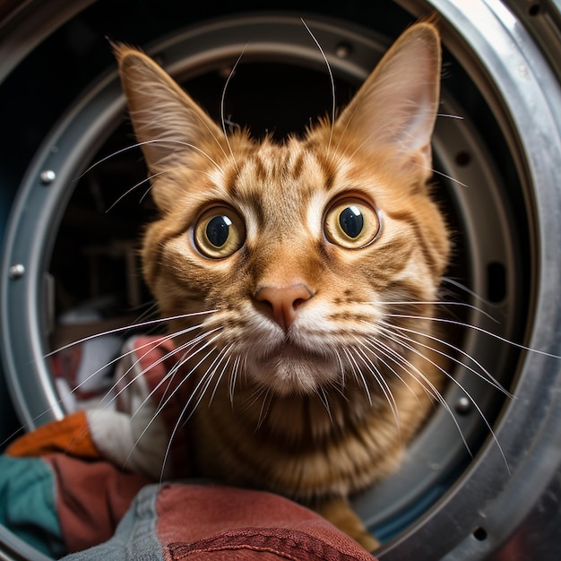 fisheye photo of a cat stepping out of a laundry machine