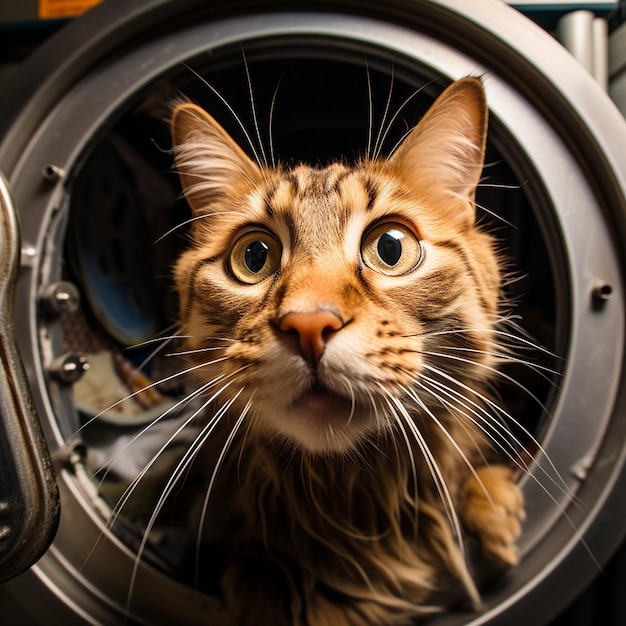 fisheye photo of a cat stepping out of a laundry machine