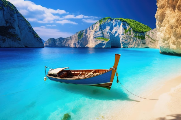 Fishing boat on the beach of Zakynthos island Greece Amazing Navagio Beach in Zakynthos Island Greece AI Generated