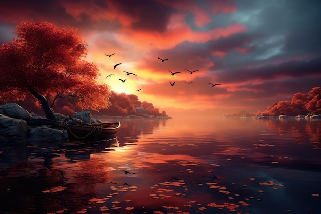 Fishing boat on the lake at sunset Conceptual illustration