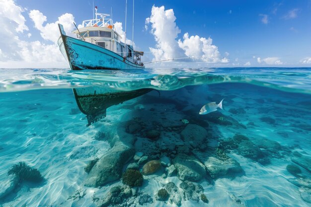 Fishing Boat Ocean Divers Exploring Caribbean Sea with Aqualung