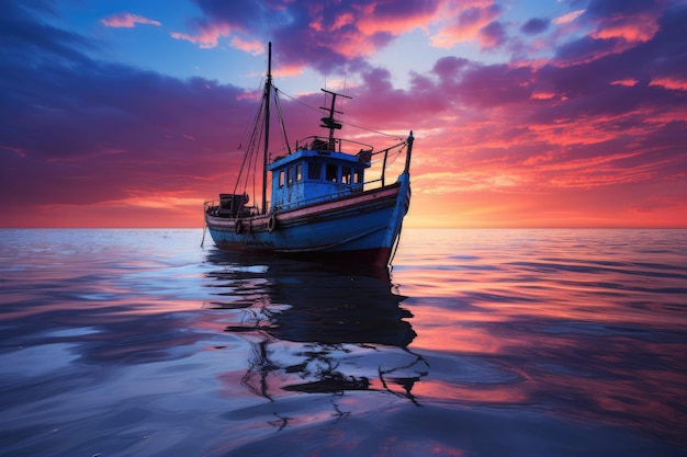 Fishing boat in the ocean at sunset