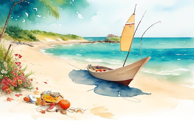 Fishing boat on the summer blue ocean sea and charming beach beautiful natural watercolor painting