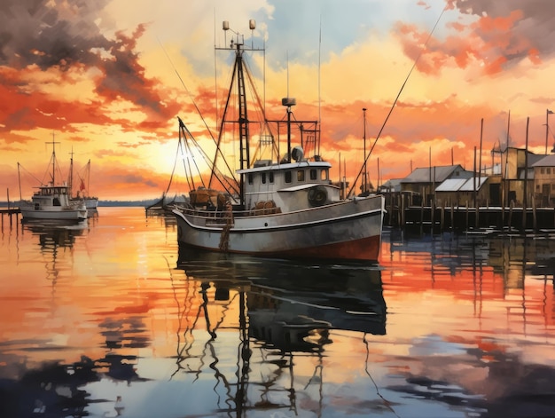 Fishing boat in vibrant sunset harbor scene