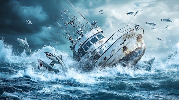 Fishing boat with sharks in stormy sea 3D rendering